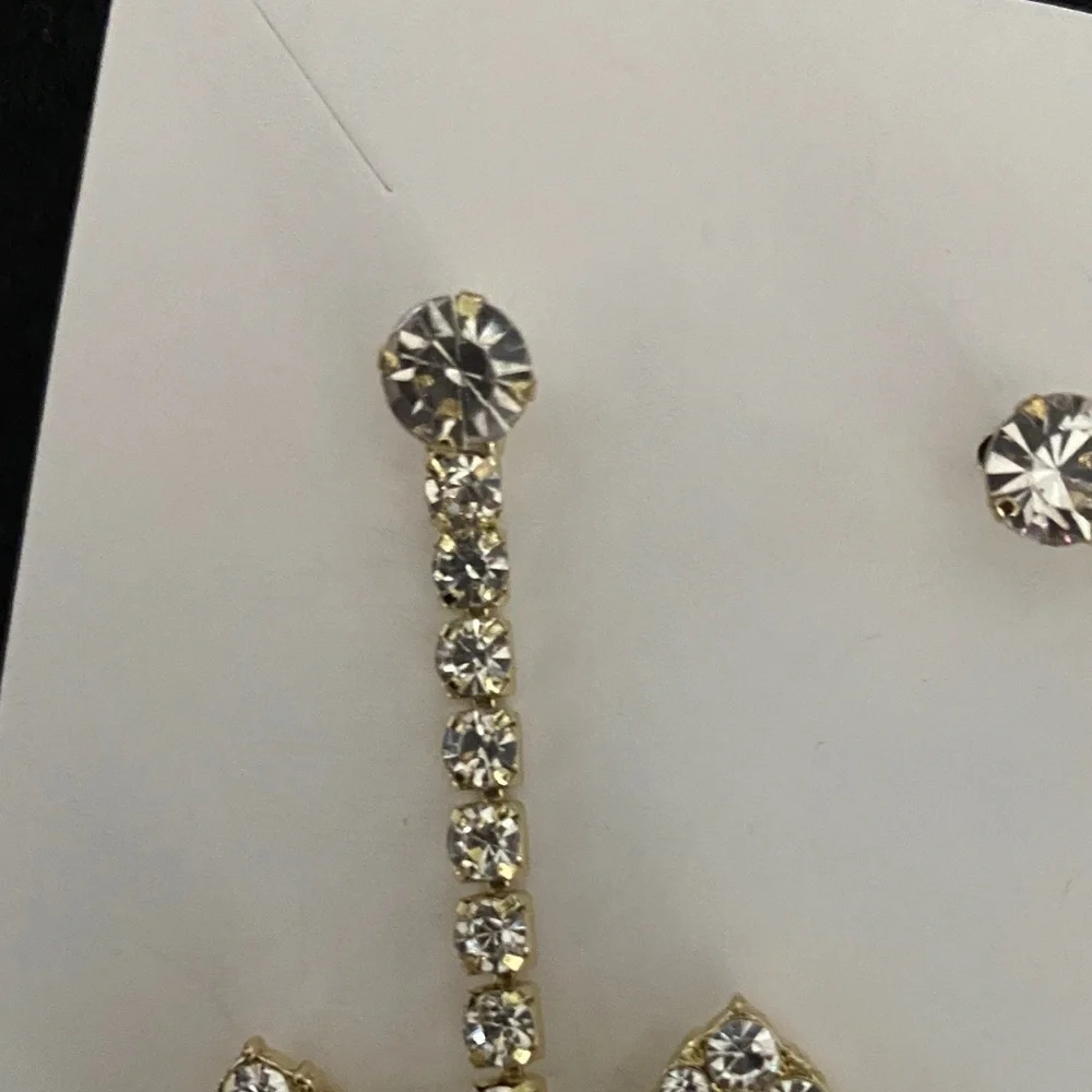 Glass & Rhinestones Large Bow Dangle Earrings in Gold Tone